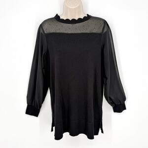 Cable & Gauge NEW Sheer Sleeves Upper Rhinestone Tunic Top M Black Scallop Neck
